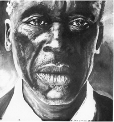 An imagined, close-up, black and white sketch of London Nelson's face from eyes to neck.